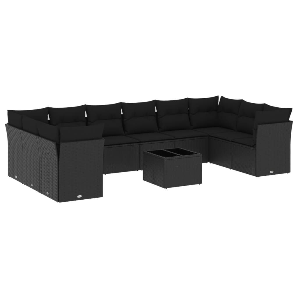 10-tlg. Garten-Sofagarnitur mit Kissen Schwarz Poly Rattan