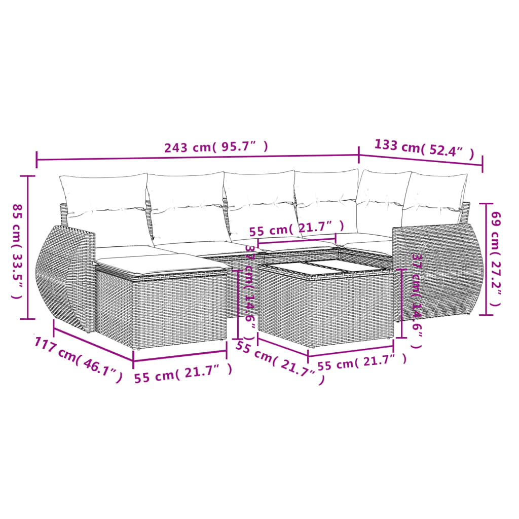 6-tlg. Garten-Sofagarnitur mit Kissen Schwarz Poly Rattan