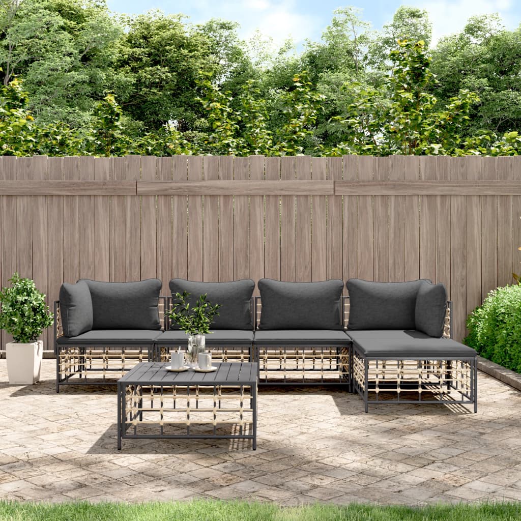 5-tlg. Garten-Lounge-Set mit Kissen Anthrazit Poly Rattan