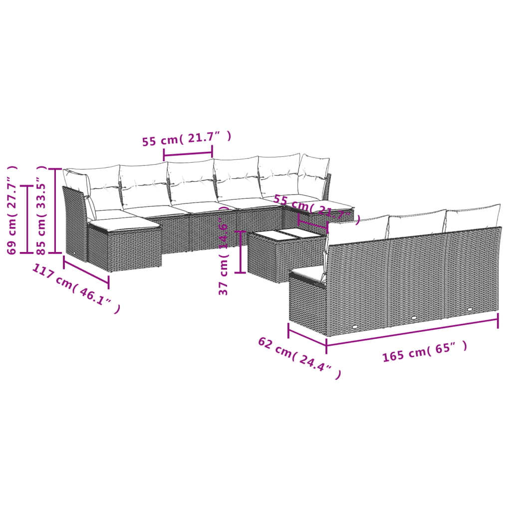 10-tlg. Garten-Sofagarnitur mit Kissen Schwarz Poly Rattan