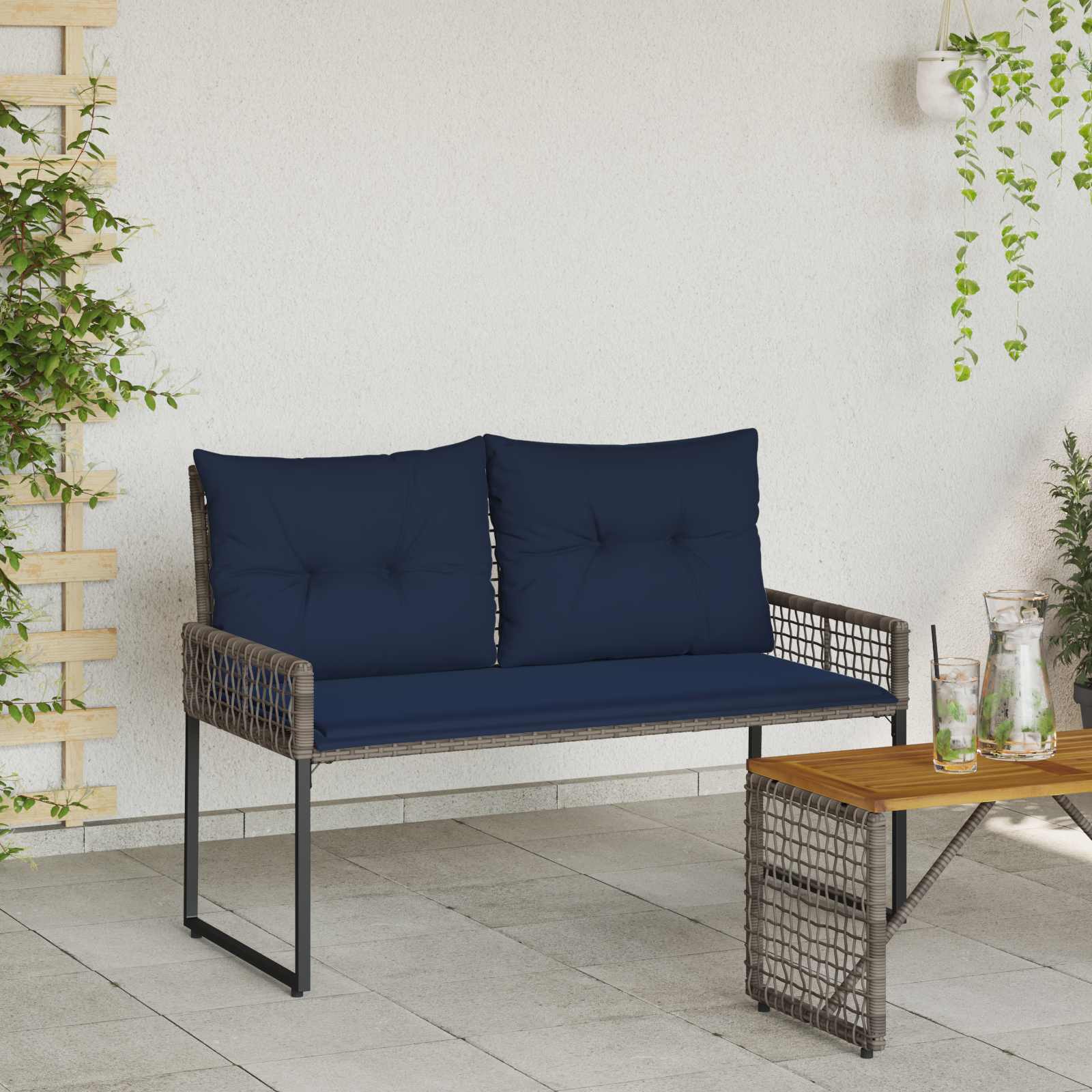 Bank Outdoor mit Kissen Schwarz und Cremeweiß 118 x 55 x 82 cm