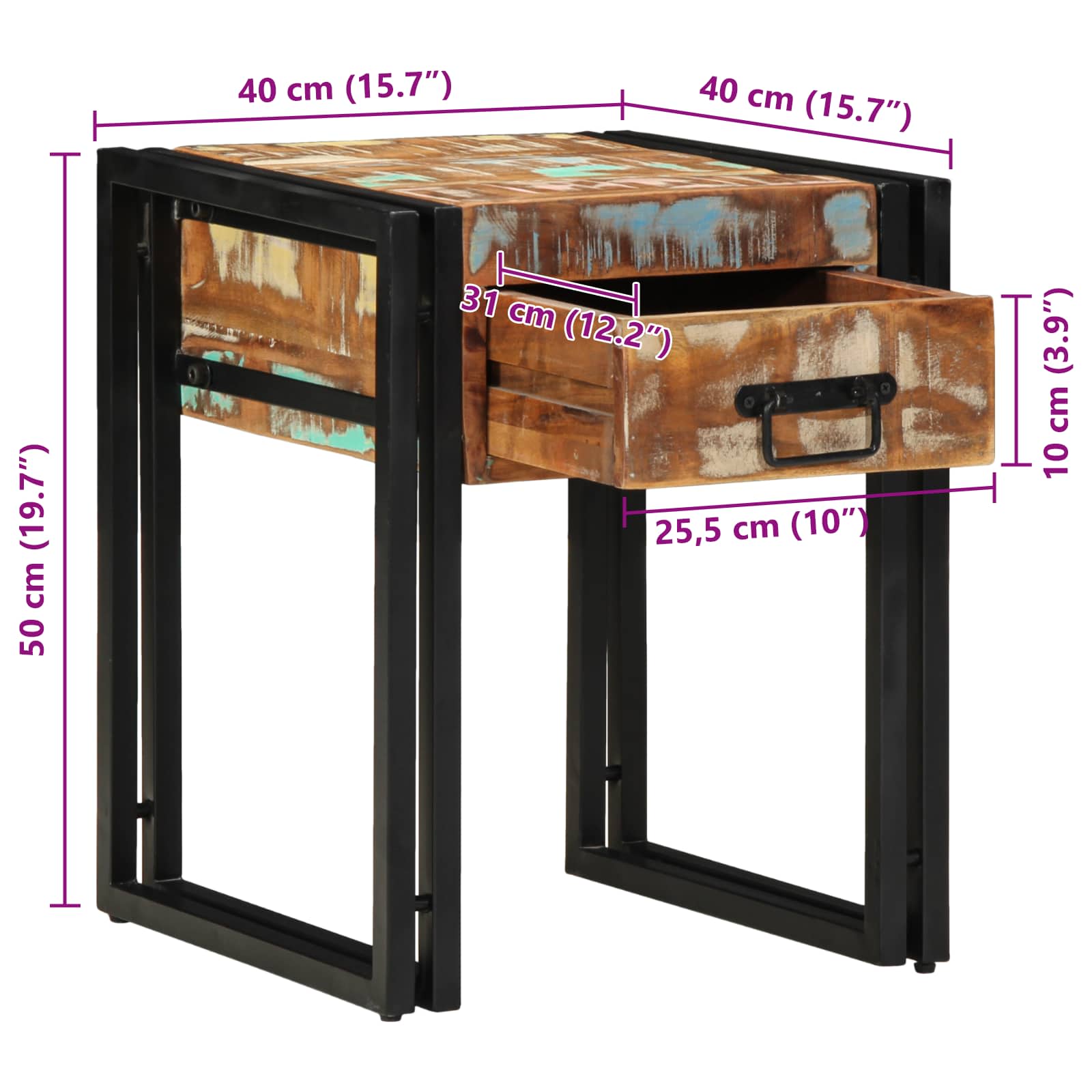 Beistelltisch mit Schubladen 40 x 40 x 50 cm Massivholz Mango