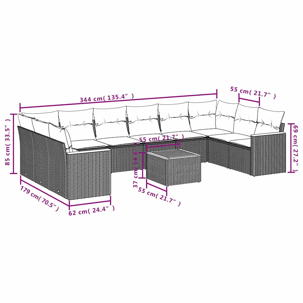10-teiliges Gartensofa-Set mit Kissen, schwarzes Polyrattan