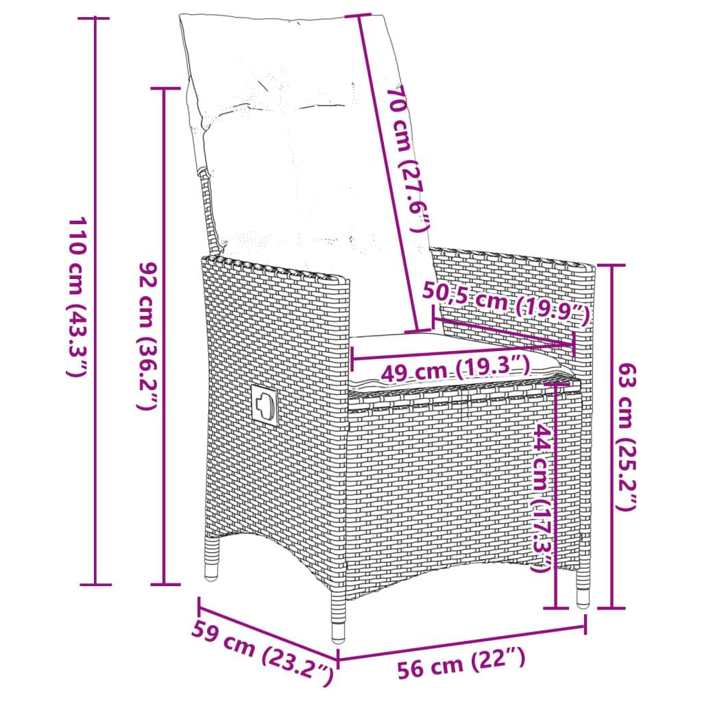 Gartensessel Verstellbar mit Kissen Schwarz Poly Rattan