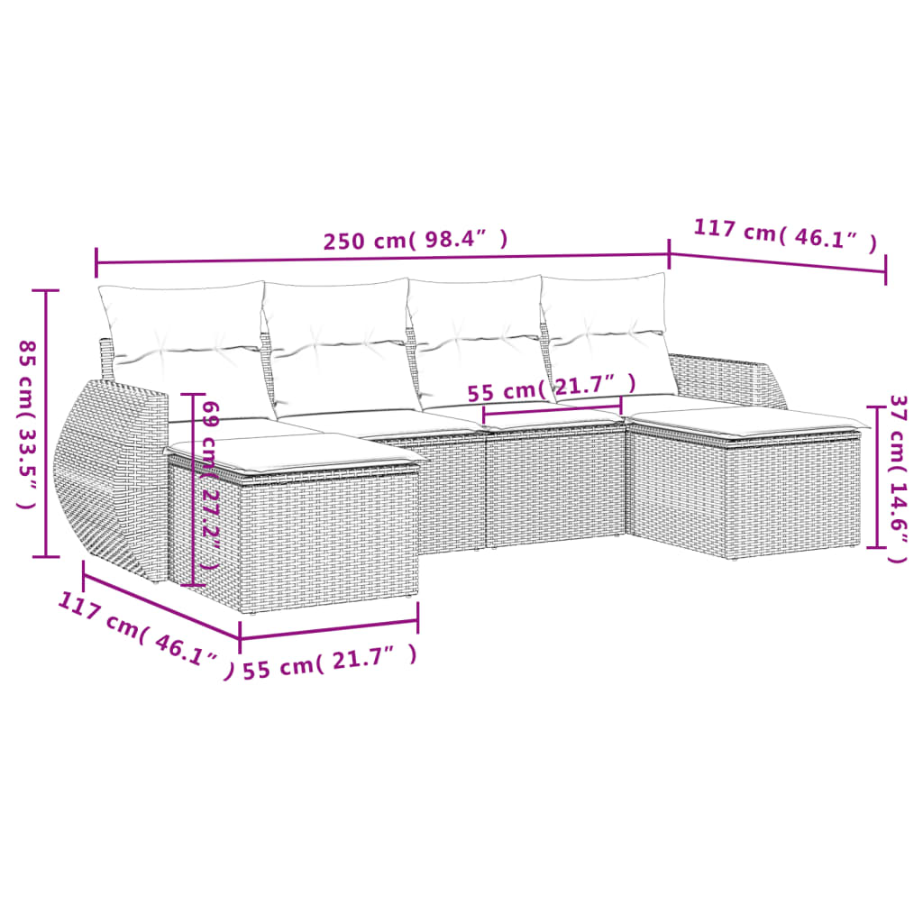 6-teiliges Gartensofa-Set mit Kissen, schwarzes Polyrattan