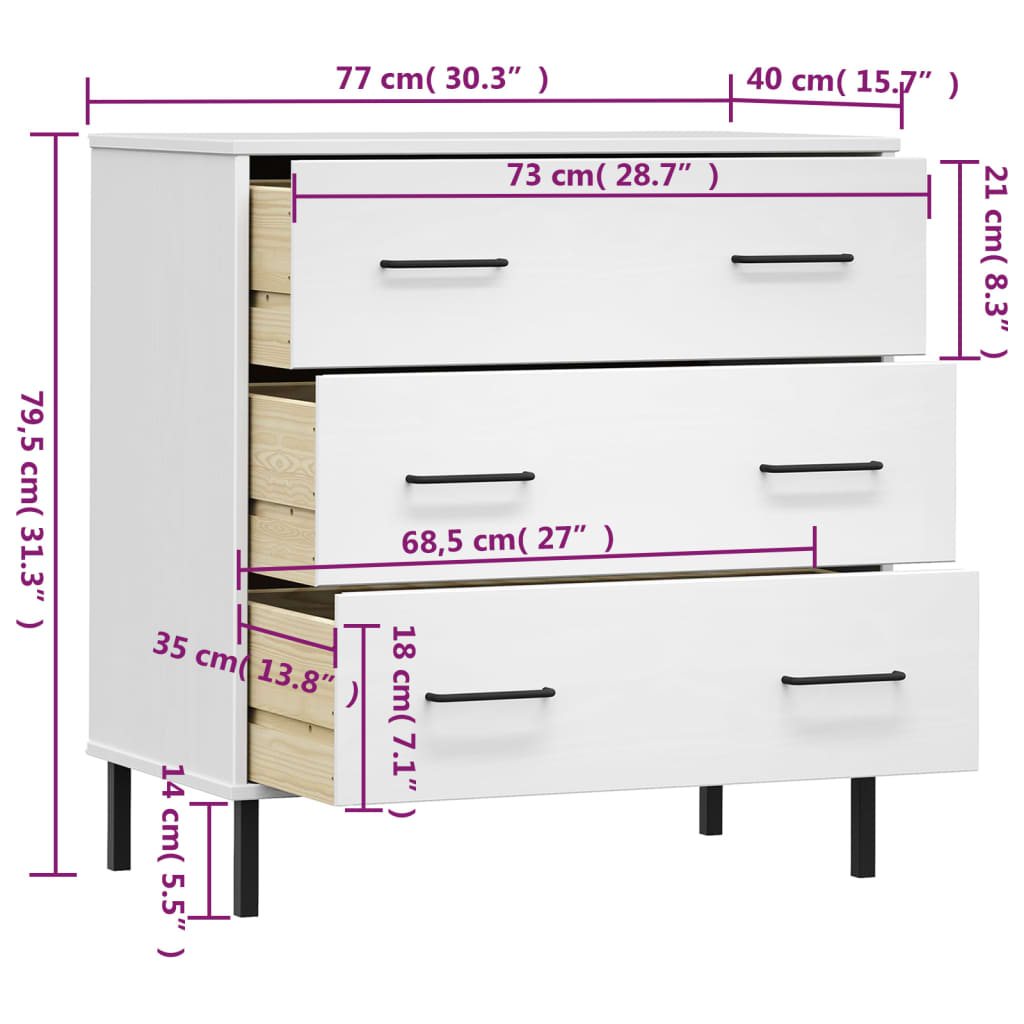 Sideboard OSLO mit 3 Schubladen Grau 77x40x79,5 cm Massivholz