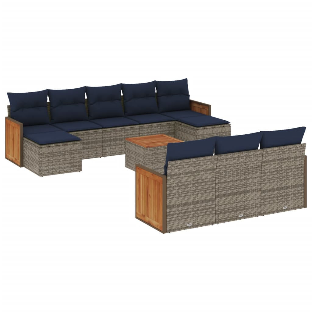 10-teiliges Gartensofa-Set mit Kissen, schwarzes Polyrattan