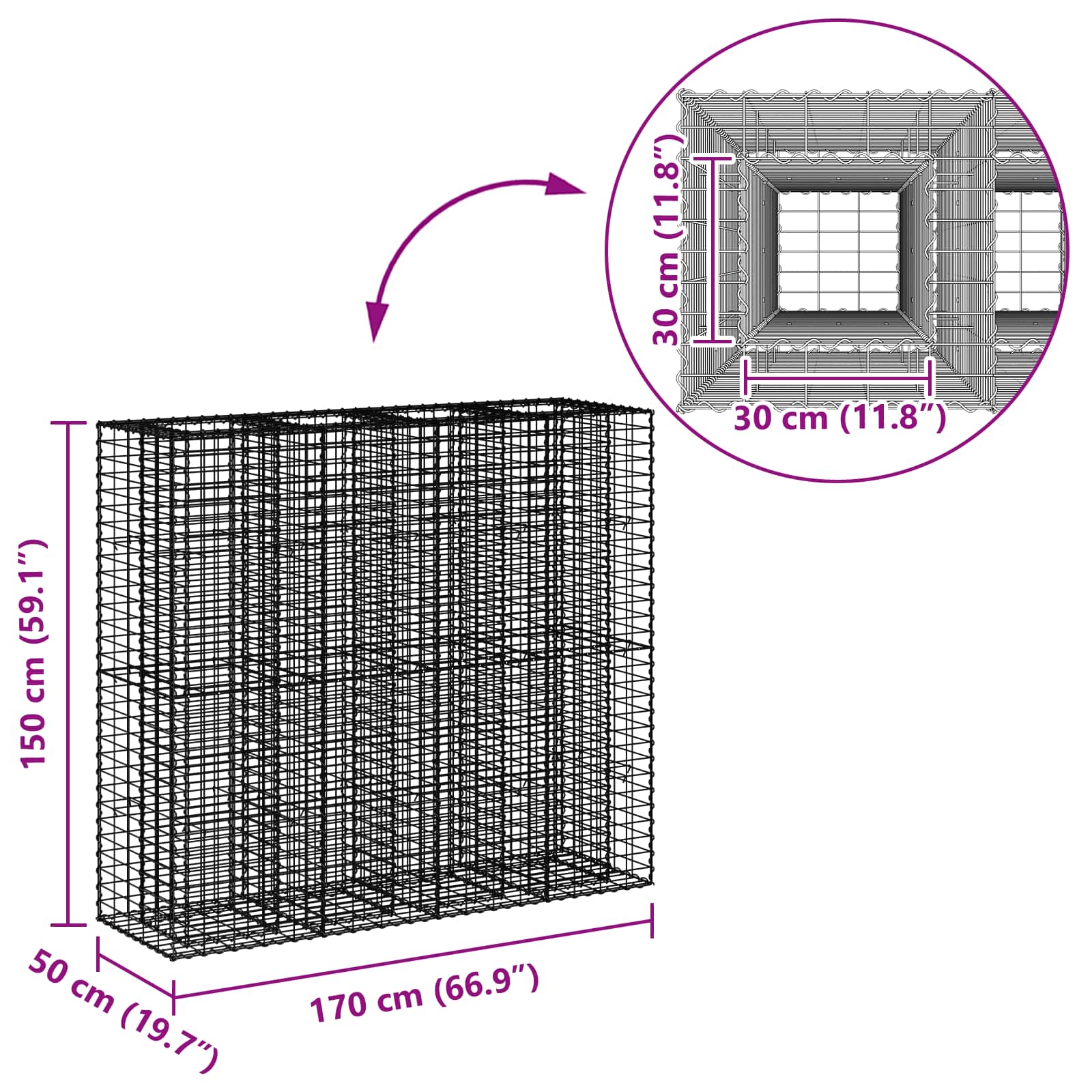 Gabionen Hochbeet 2 pcs Silber 260 x 60 x 55 cm