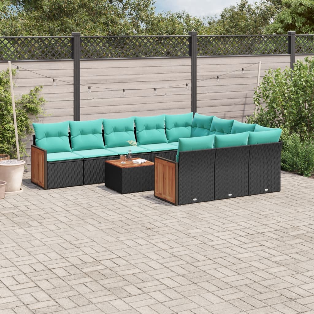 10-teiliges Gartensofa-Set mit Kissen, schwarzes Polyrattan