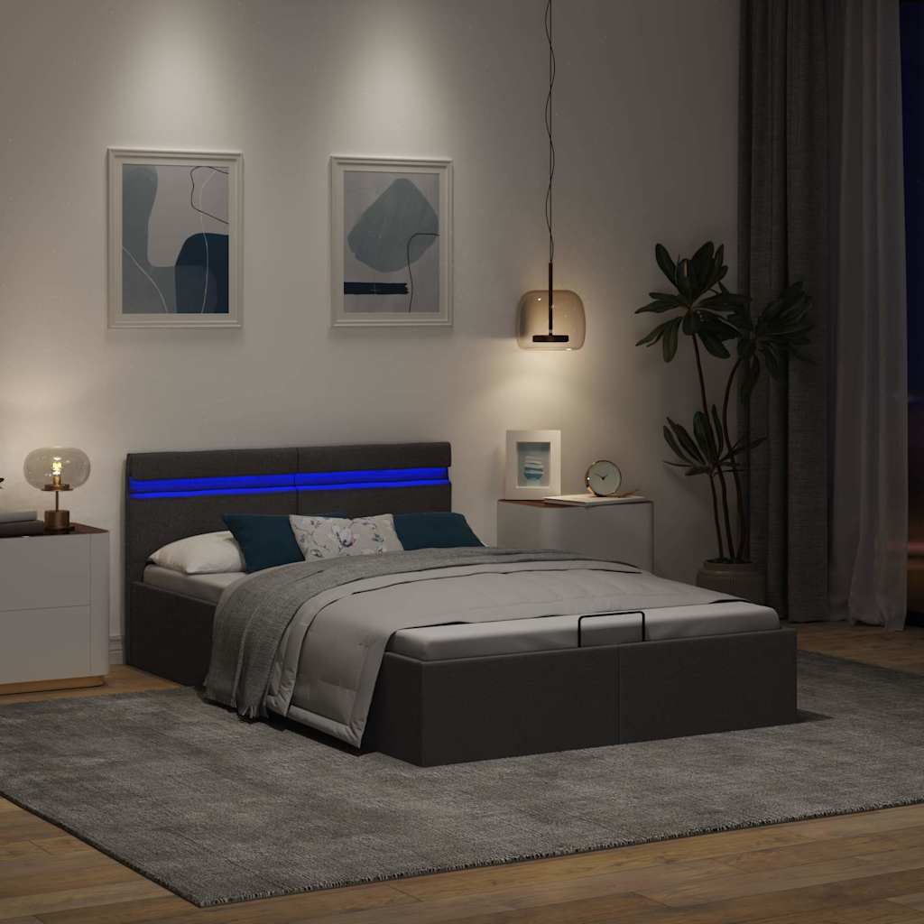Bett mit Bettkasten Hydraulisch LED Dunkelgrau Stoff 90x200 cm
