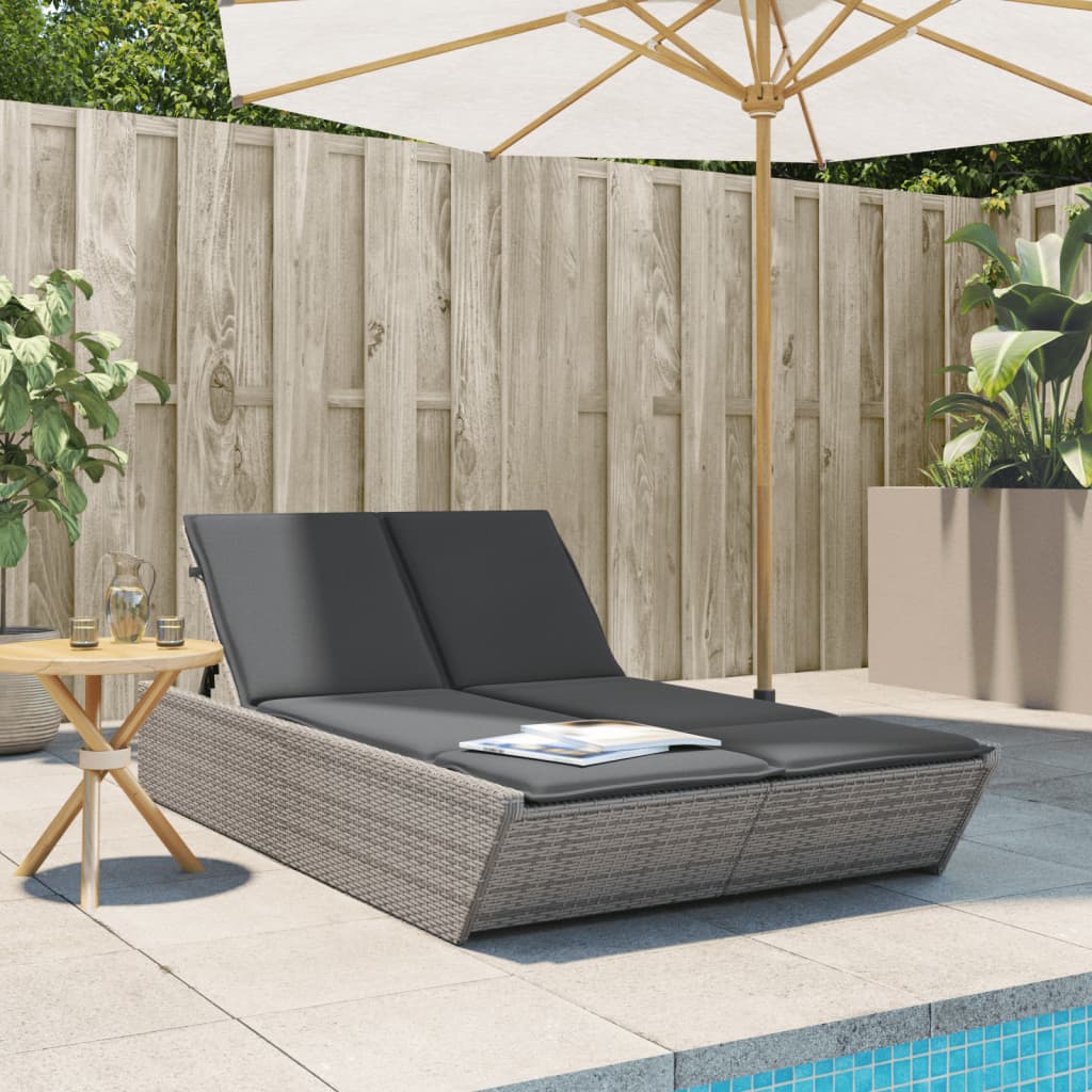 Doppel-Sonnenliege mit Kissen Schwarz Poly Rattan