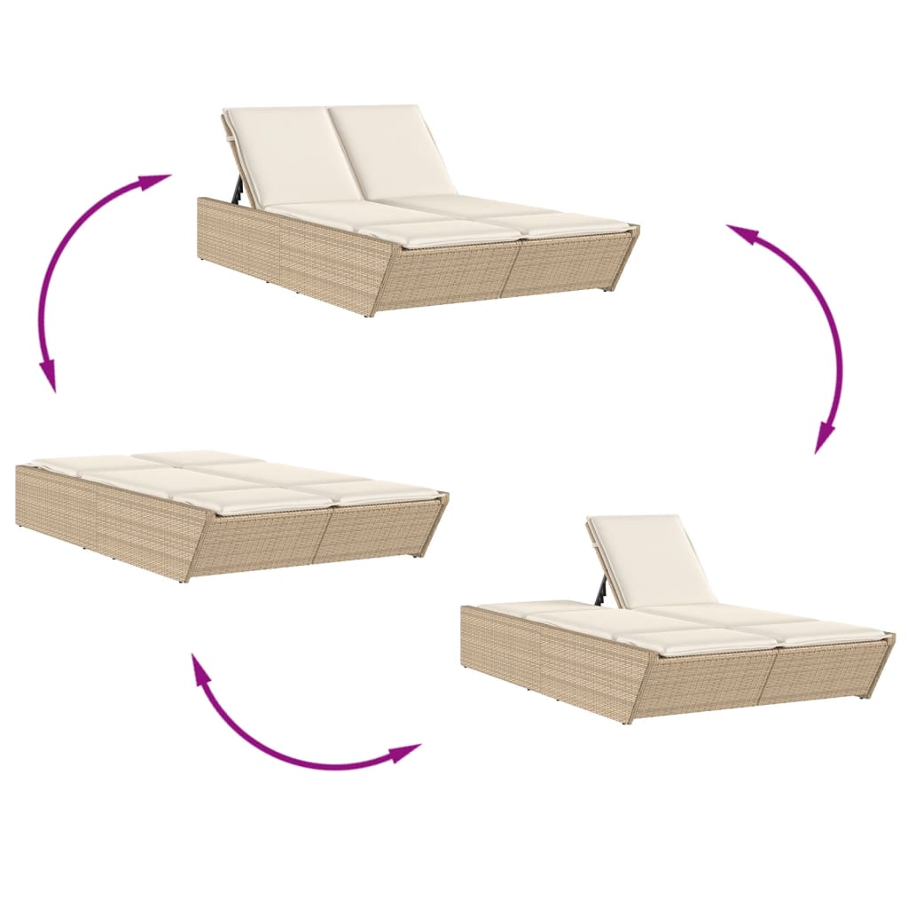 Doppel-Sonnenliege mit Kissen Schwarz Poly Rattan