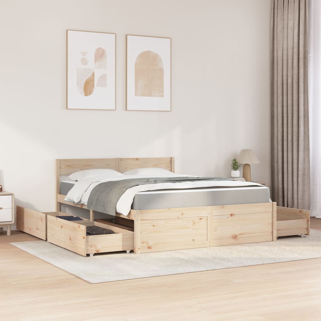 Bett mit Schubladen und Matratze 200x200 cm Massivholz Kiefer