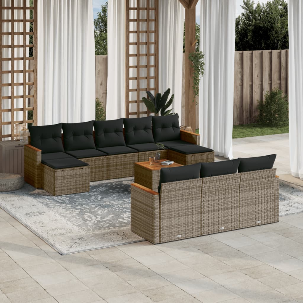 10-tlg. Garten-Sofagarnitur mit Kissen Schwarz Poly Rattan