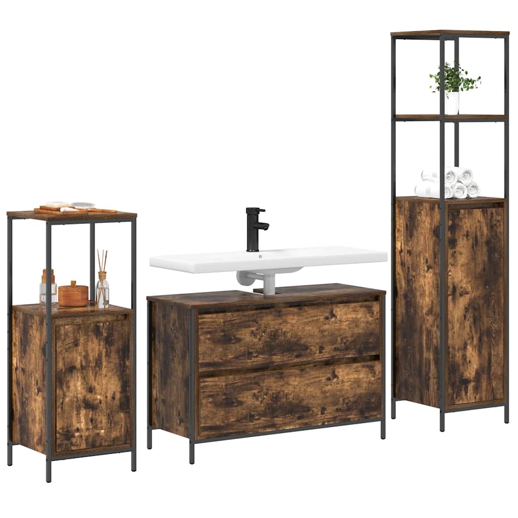 Badezimmermöbel-Set 3 pcs Schwarz Eichen-Optik Holzwerkstoff