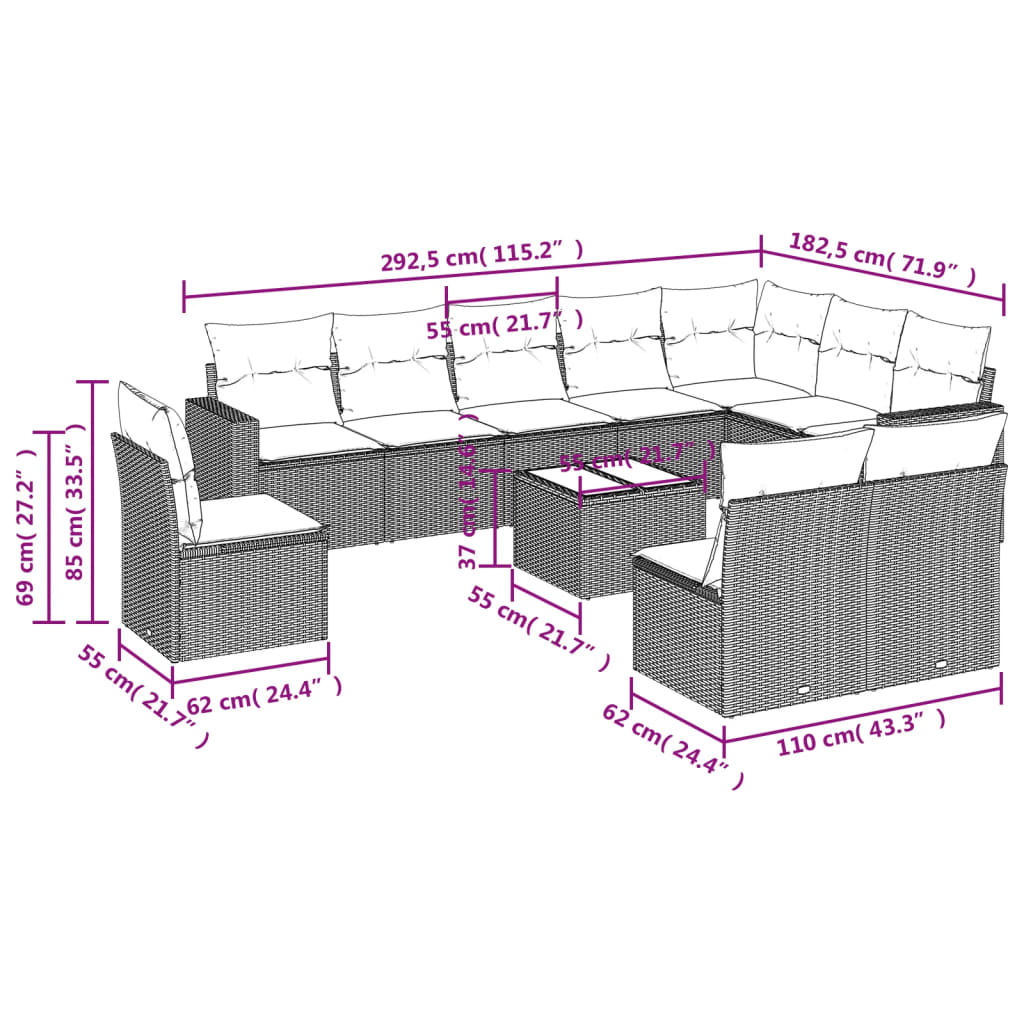 10-tlg. Garten-Sofagarnitur mit Kissen Schwarz Poly Rattan