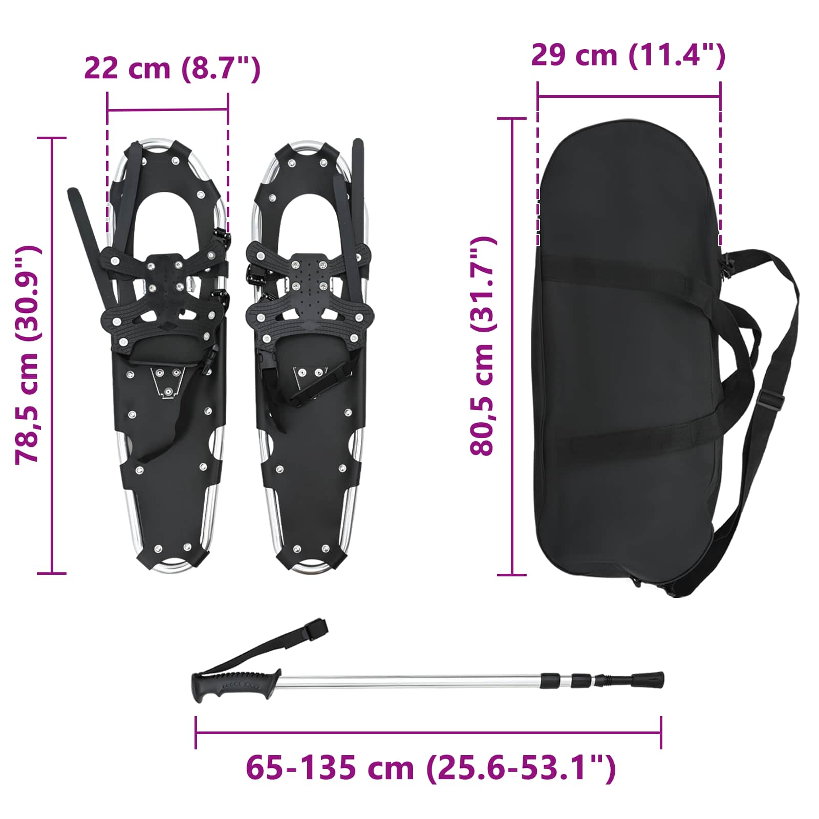 3 in 1 Schneeschuhe Silber und Schwarz 53,5 x 21 cm