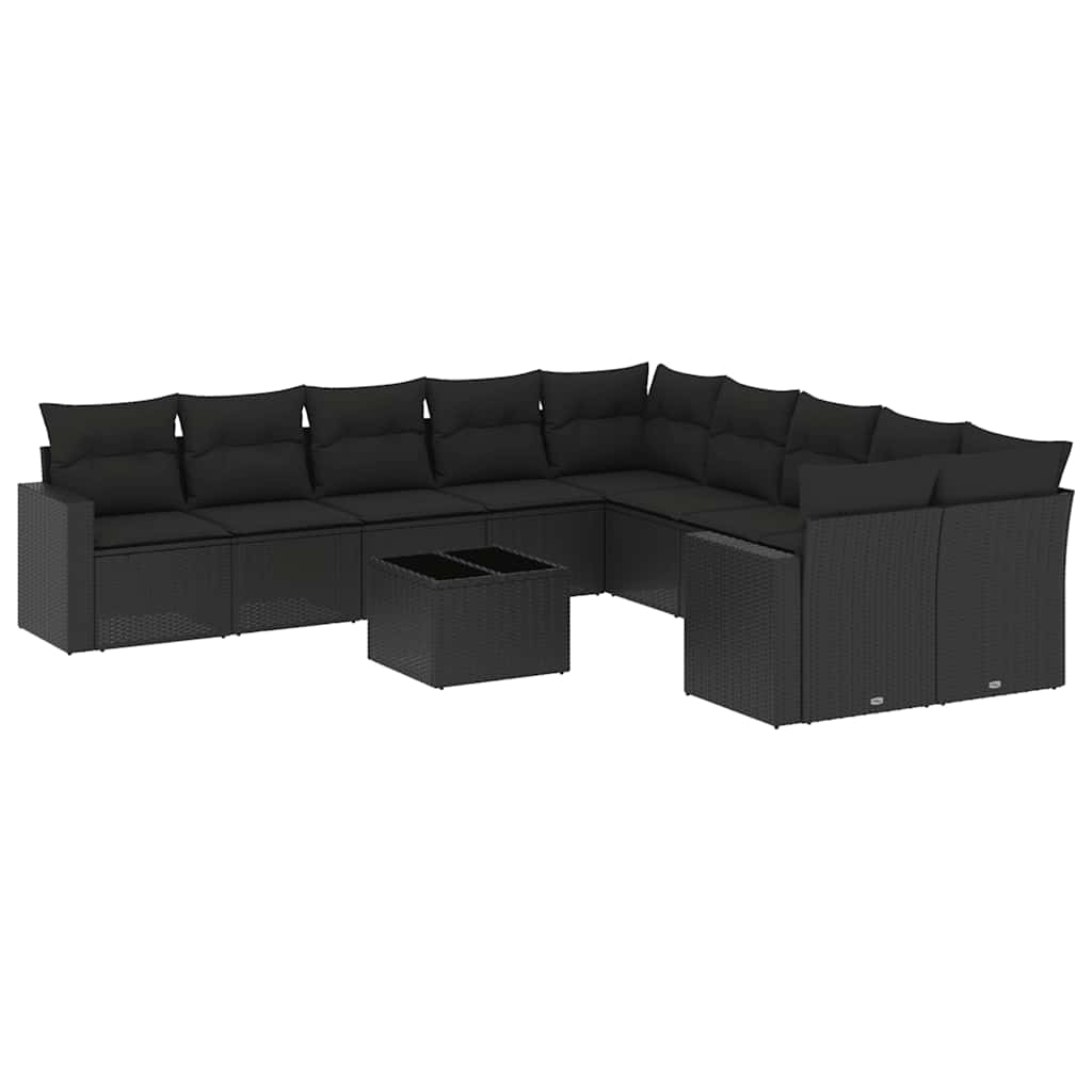 10-tlg. Garten-Sofagarnitur mit Kissen Schwarz Poly Rattan