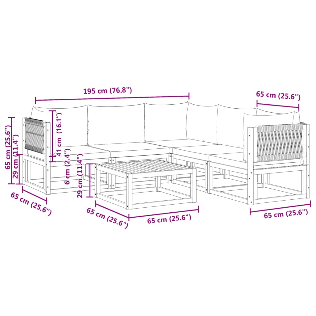 6-tlg. Gartensofa-Set mit Kissen Holz Akazie & Seil