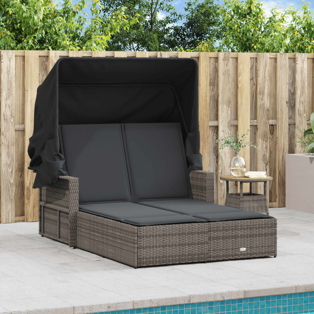 Doppel-Sonnenliege mit Dach und Auflagen Schwarz Poly Rattan