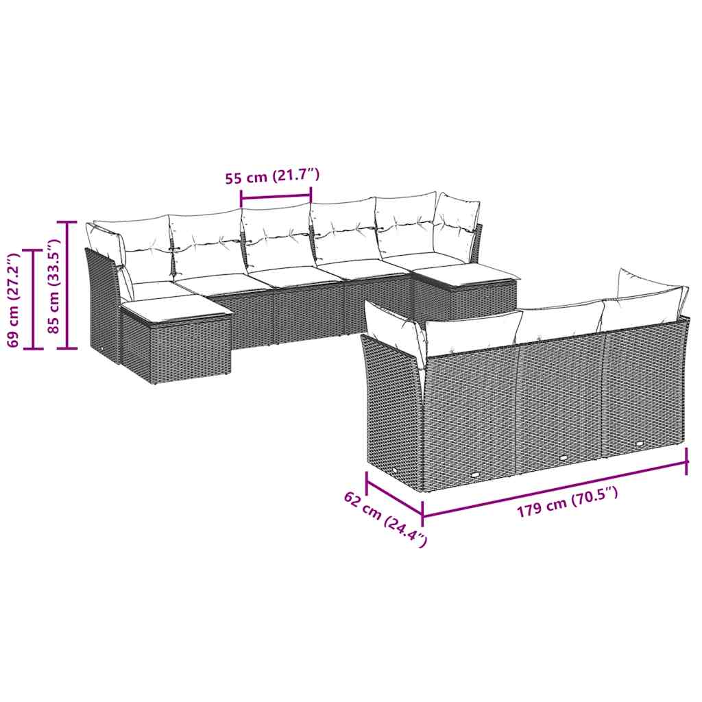 10-tlg. Garten-Sofagarnitur mit Kissen Schwarz Poly Rattan