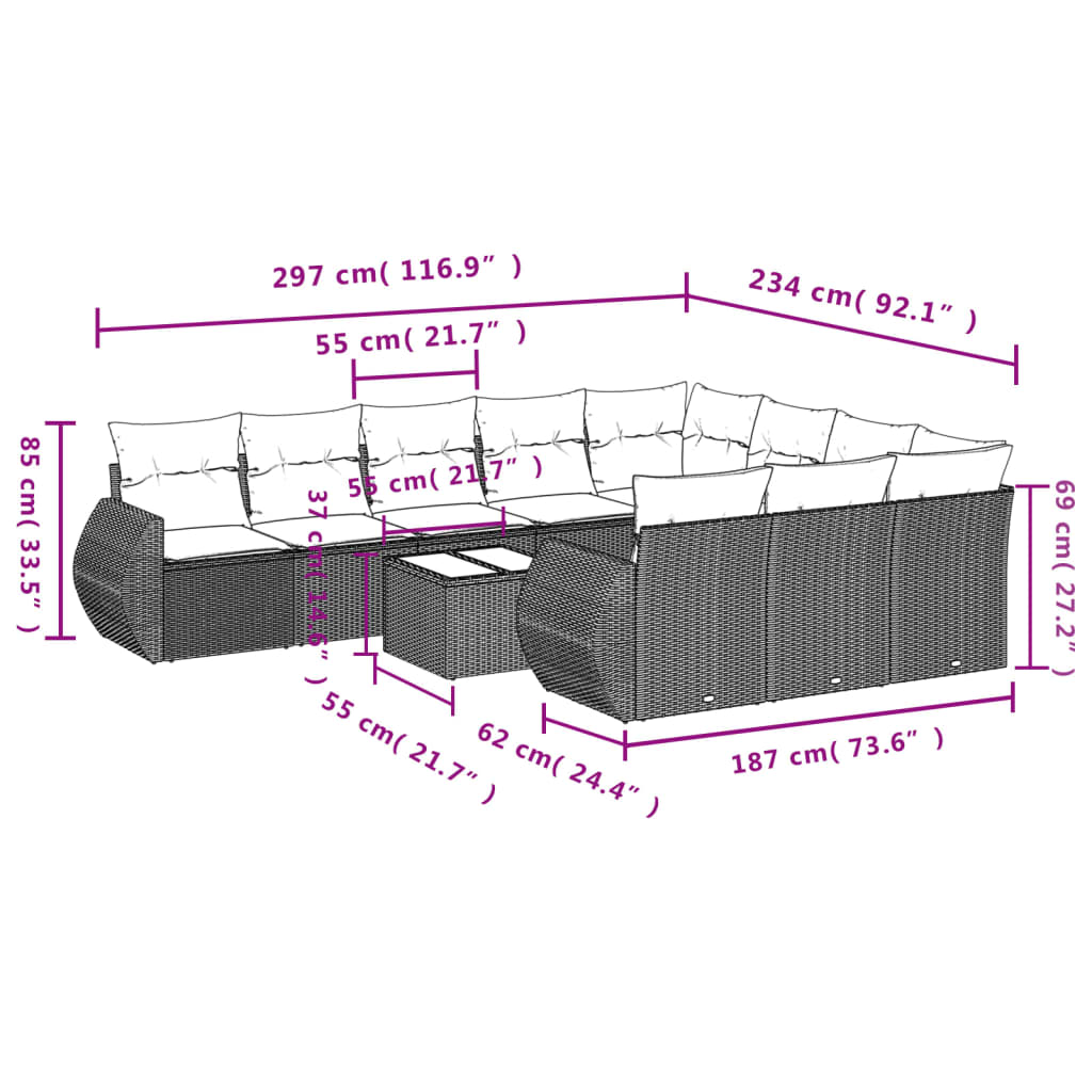 10-teiliges Gartensofa-Set mit Kissen, schwarzes Polyrattan