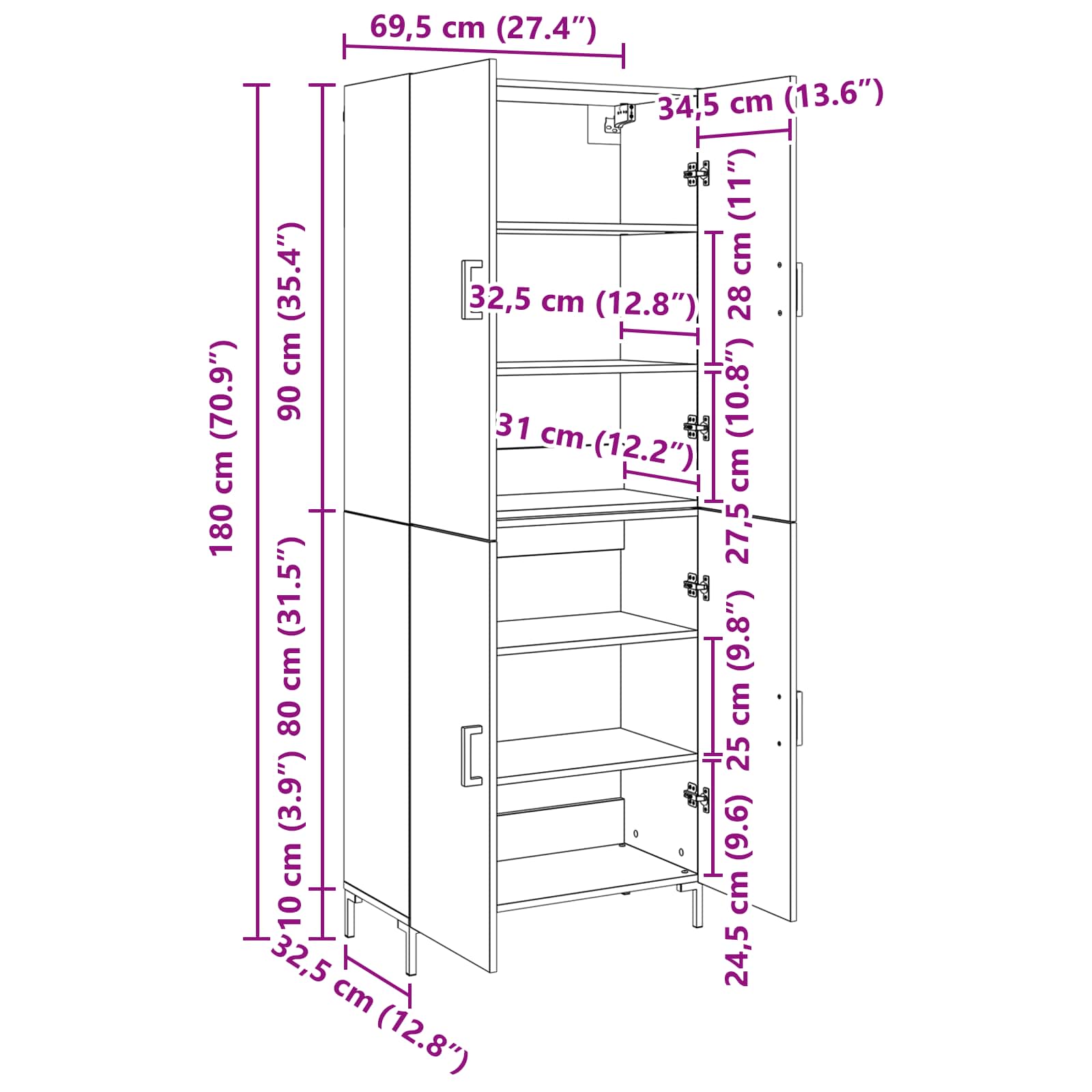 Highboard Betongrau 69,5x34x180 cm Holzwerkstoff