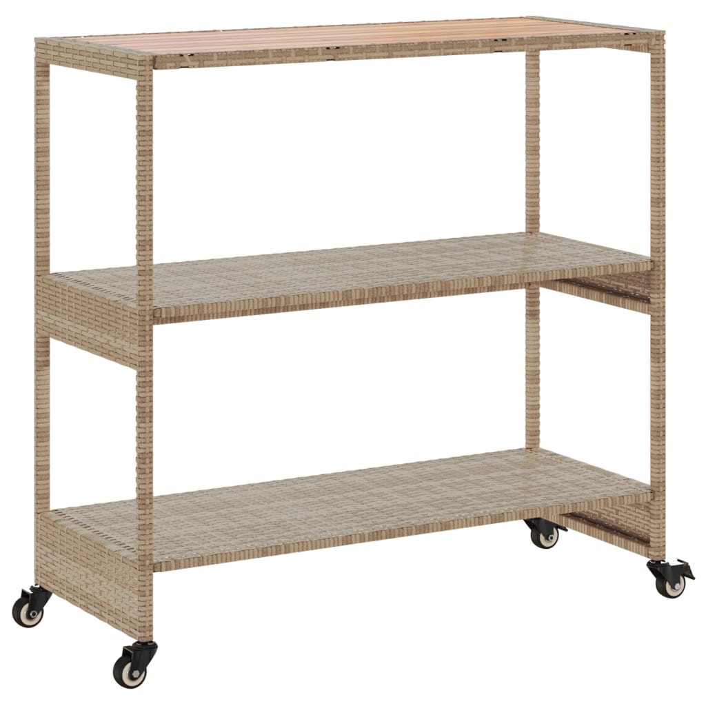 Barwagen 3 Böden Schwarz Poly Rattan und Massivholz Akazie