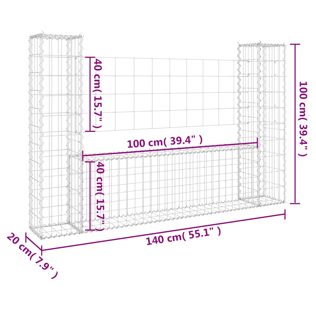 Gabionenkorb U-Form mit 2 Säulen Eisen 140x20x150 cm