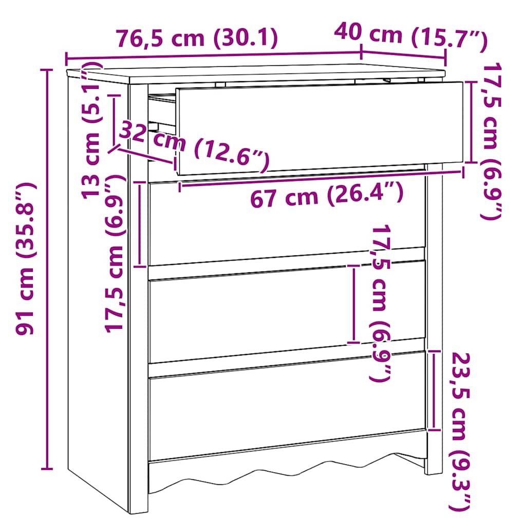 Kommode Drammen Eiche 76,5 x 40 x 91 cm Massivholz Kiefer