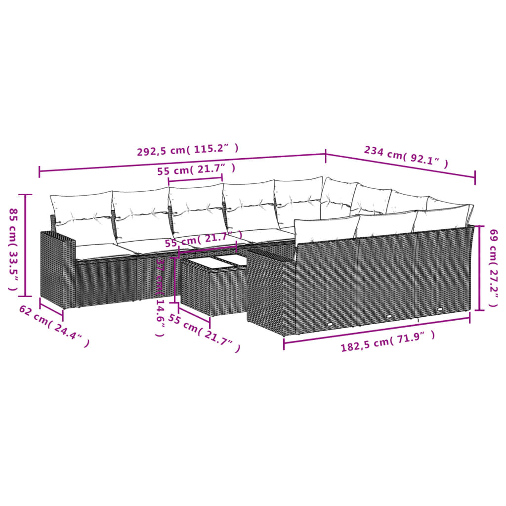 10-tlg. Garten-Sofagarnitur mit Kissen Schwarz Poly Rattan
