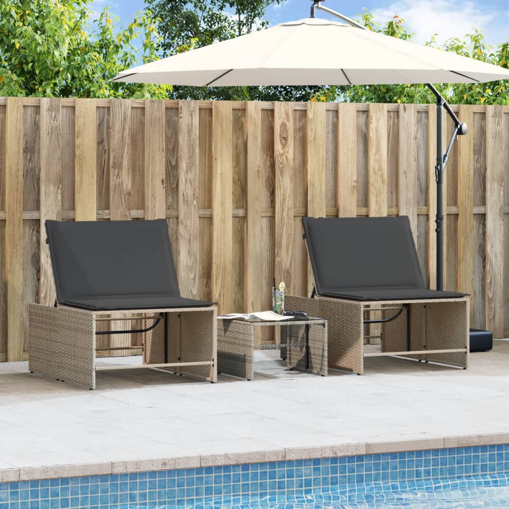 Modulare Sonnenliegen 2 Stk. mit Tisch Schwarz Poly Rattan