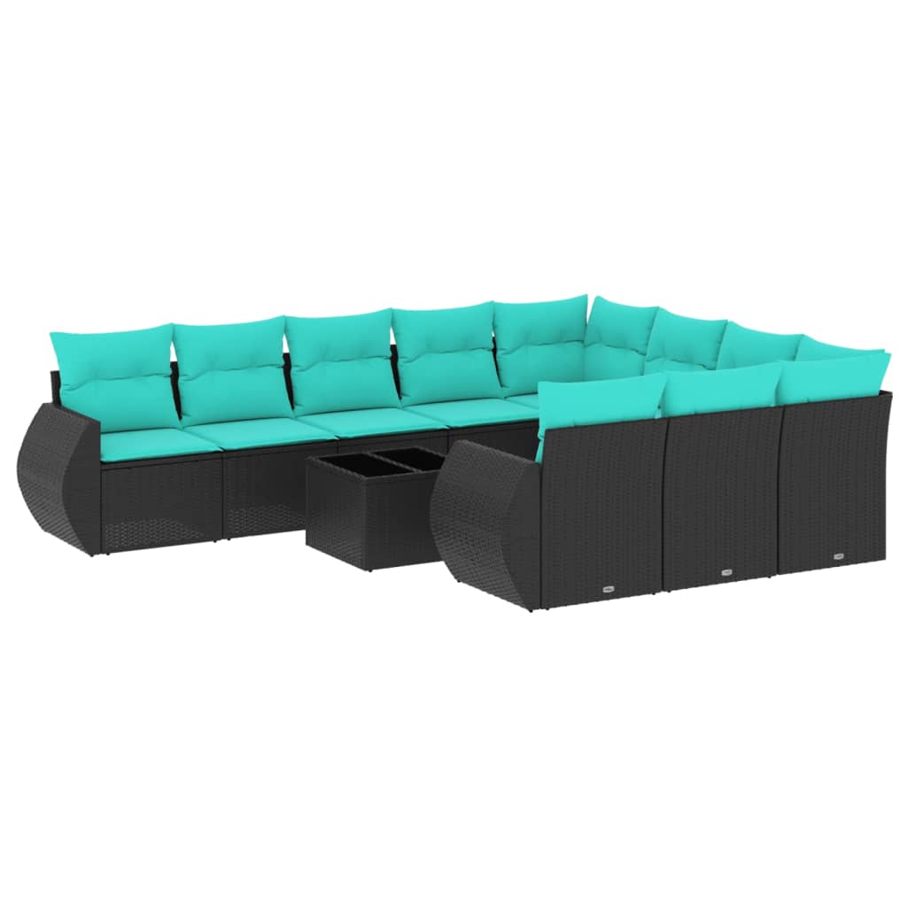 10-teiliges Gartensofa-Set mit Kissen, schwarzes Polyrattan
