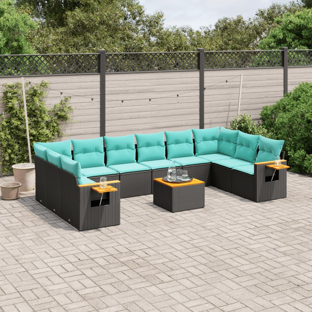 10-tlg. Garten-Sofagarnitur mit Kissen Schwarz Poly Rattan