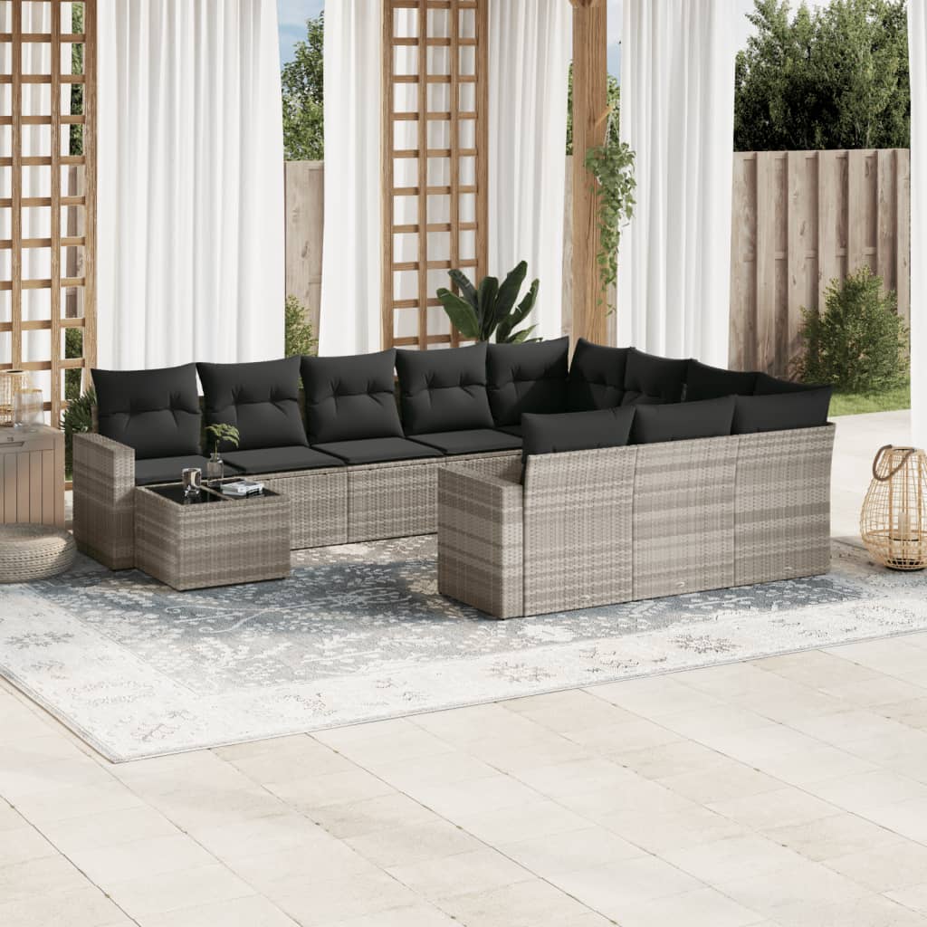 11-tlg. Garten-Sofagarnitur mit Kissen Schwarz Poly Rattan