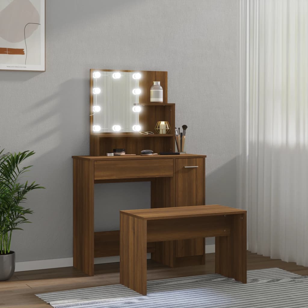 Schminktisch-Set mit LED Weiß Holzwerkstoff