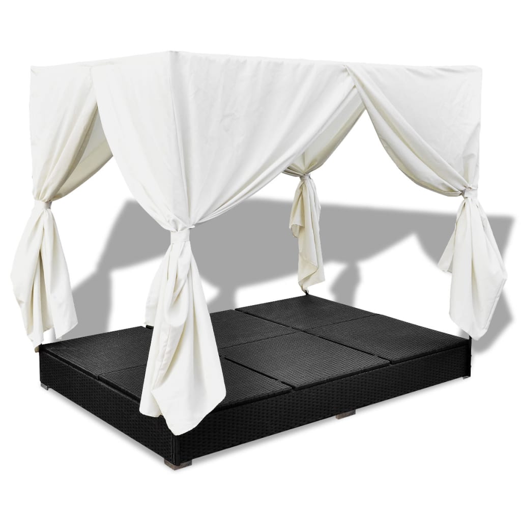 Outdoor-Loungebett mit Vorhang Poly Rattan Braun