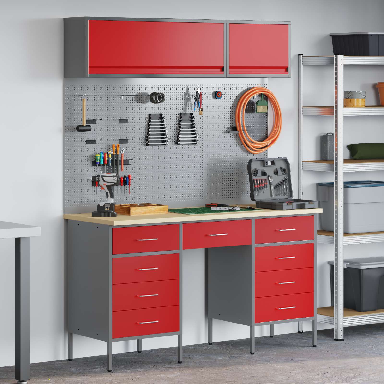 Arbeitsschrankset mit Schubladen mit Regal 8 pcs Grau