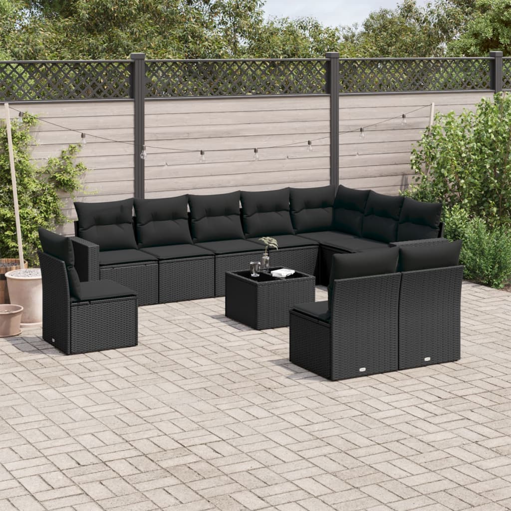 10-tlg. Garten-Sofagarnitur mit Kissen Schwarz Poly Rattan
