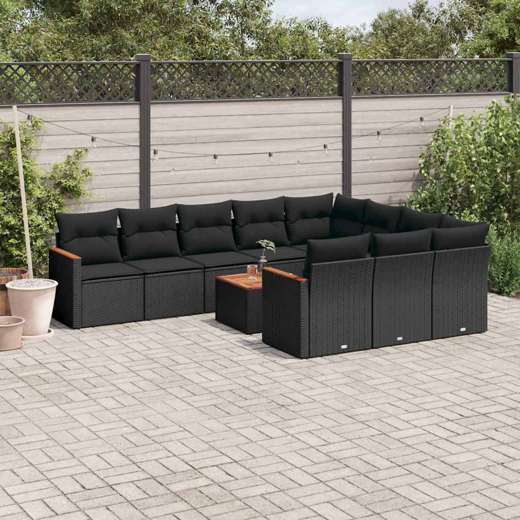 10-tlg. Garten-Sofagarnitur mit Kissen Schwarz Poly Rattan