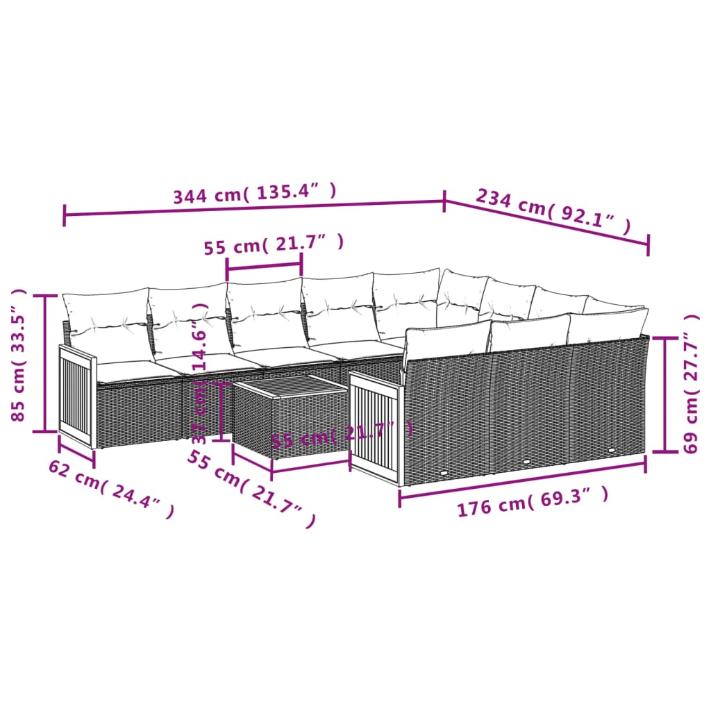 10-teiliges Gartensofa-Set mit Kissen, schwarzes Polyrattan