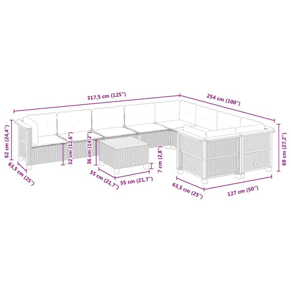 10-tlg. Garten-Sofagarnitur mit Kissen Beige Poly Rattan