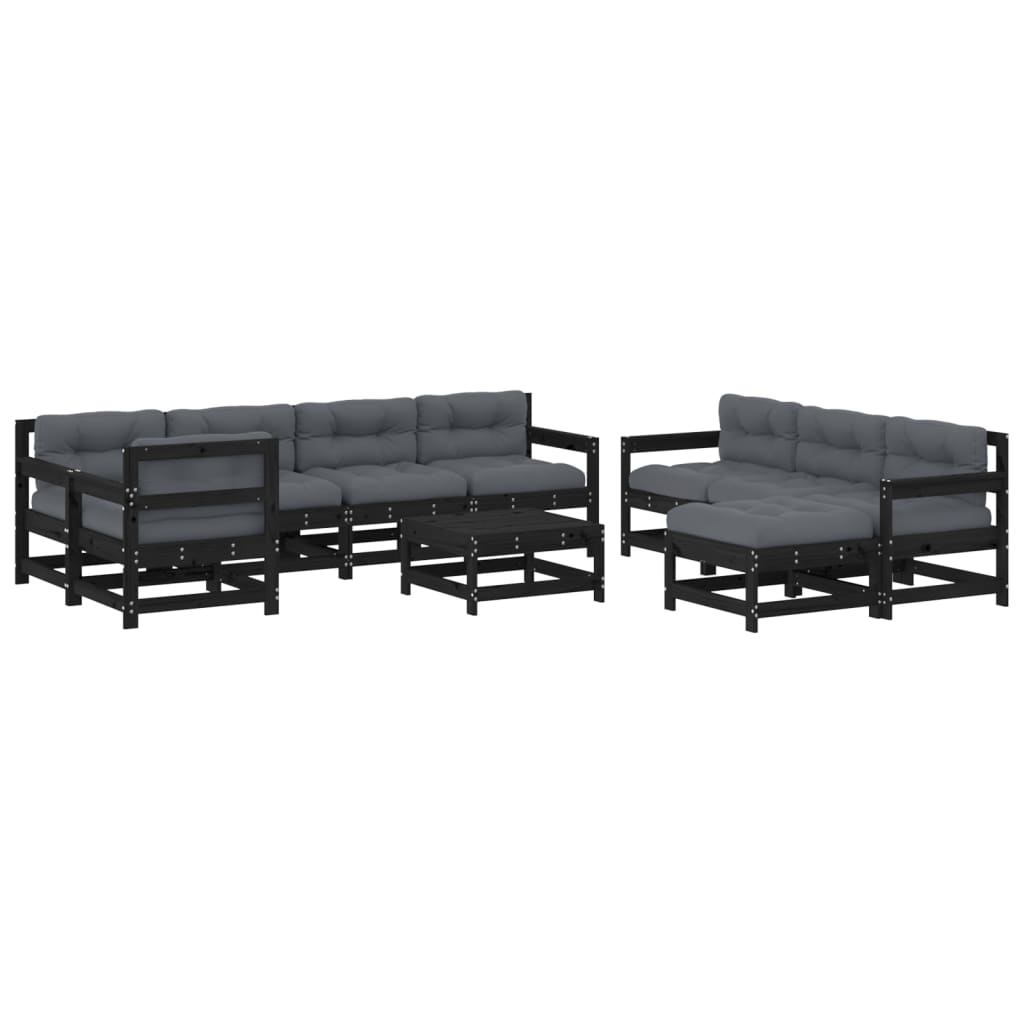 10-tlg. Garten-Lounge-Set mit Kissen Schwarz Massivholz