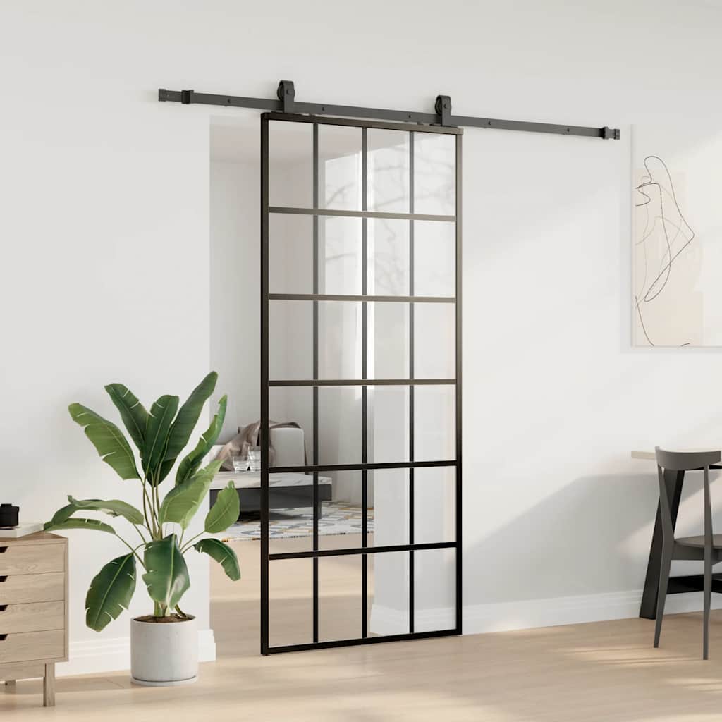 Schiebetür mit Beschlag Schwarz 76x205 cm ESG-Glas