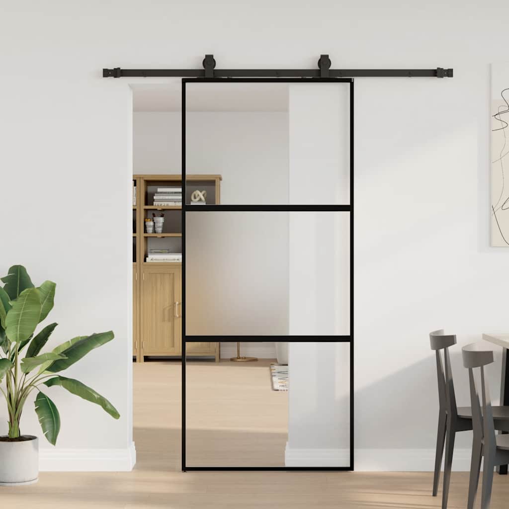 Schiebetür mit Beschlag Schwarz 76x205 cm Hartglas