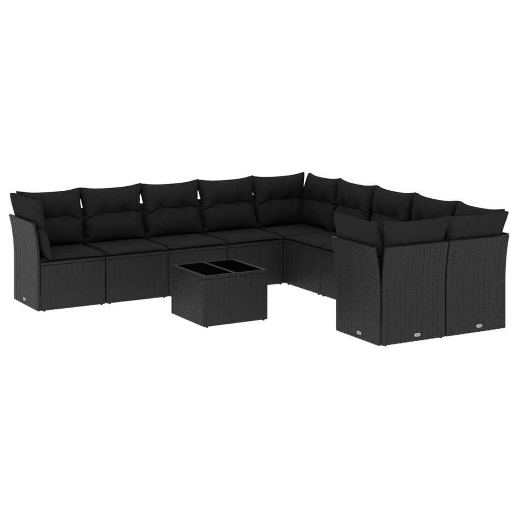 10-tlg. Garten-Sofagarnitur mit Kissen Schwarz Poly Rattan
