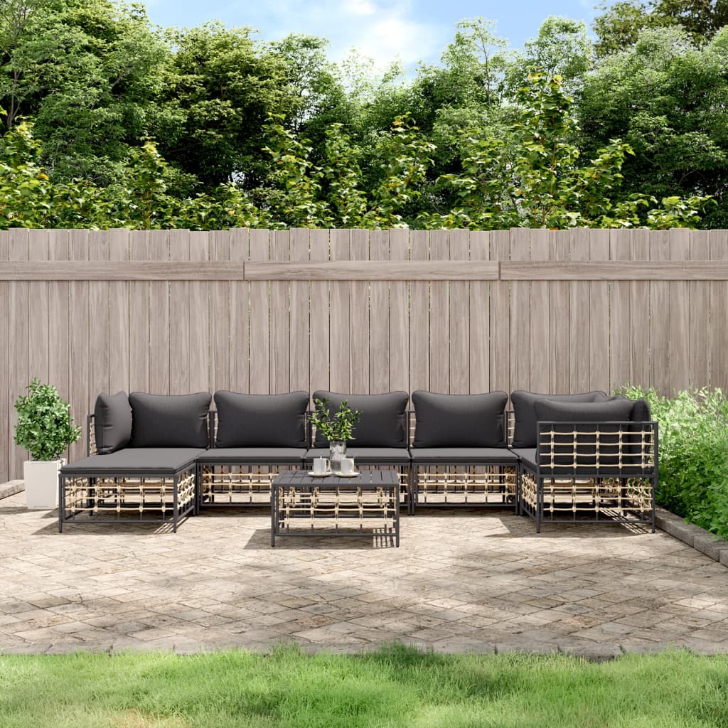 7-tlg. Garten-Lounge-Set mit Kissen Anthrazit Poly Rattan