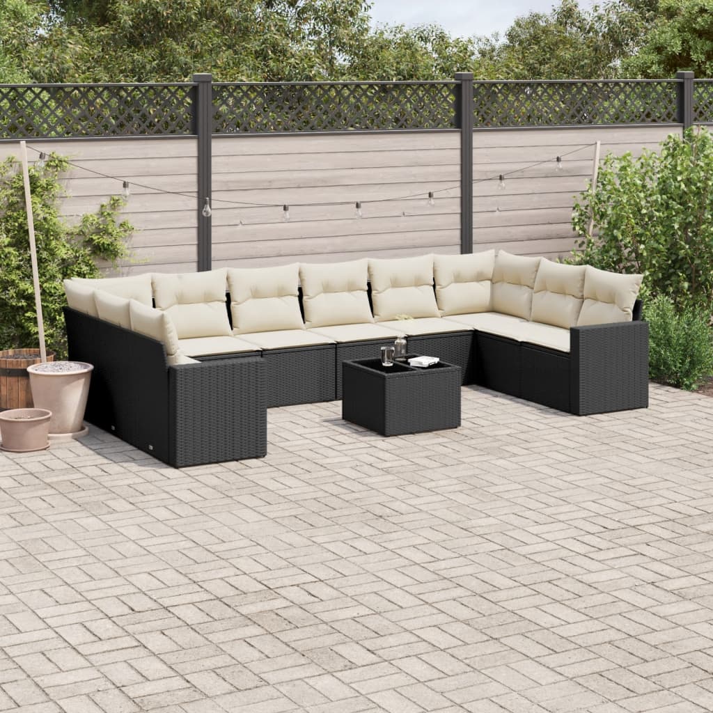 10-tlg. Garten-Sofagarnitur mit Kissen Schwarz Poly Rattan