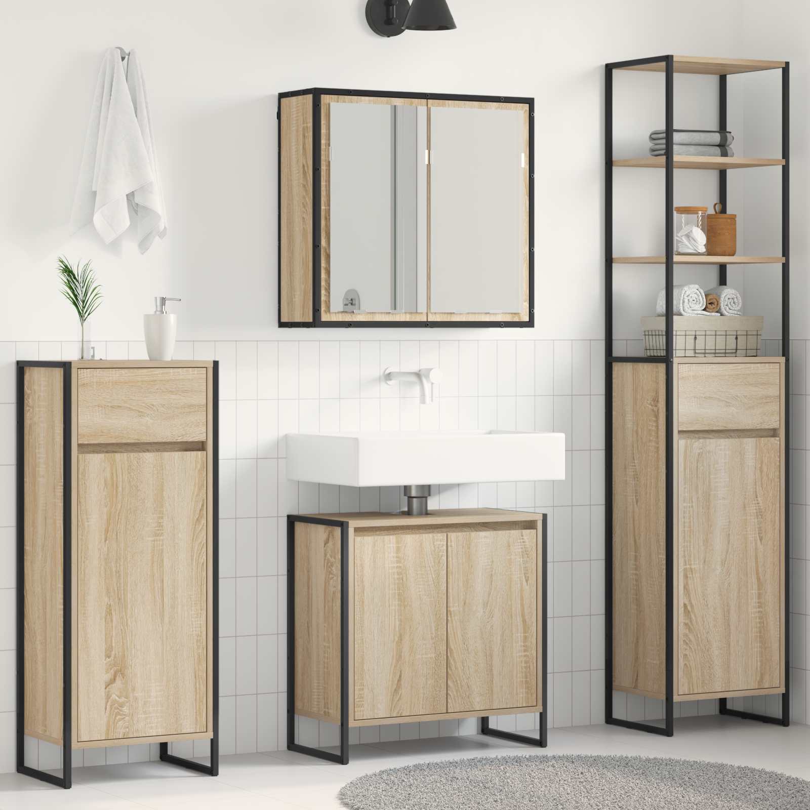 Badezimmermöbel-Set mit Tür Schwarz Eichen-Optik Holzwerkstoff