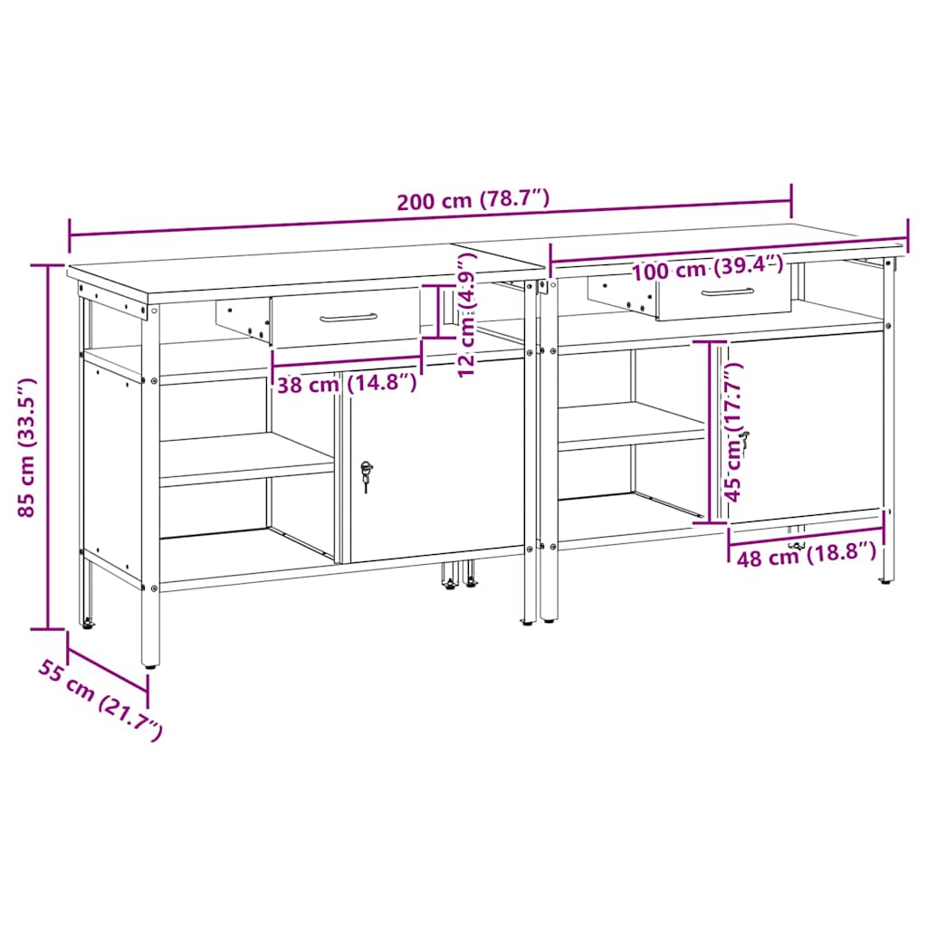 Werkbank-Set mit Schubladen 2 pcs Rot und Grau 200 x 55 x 85 cm